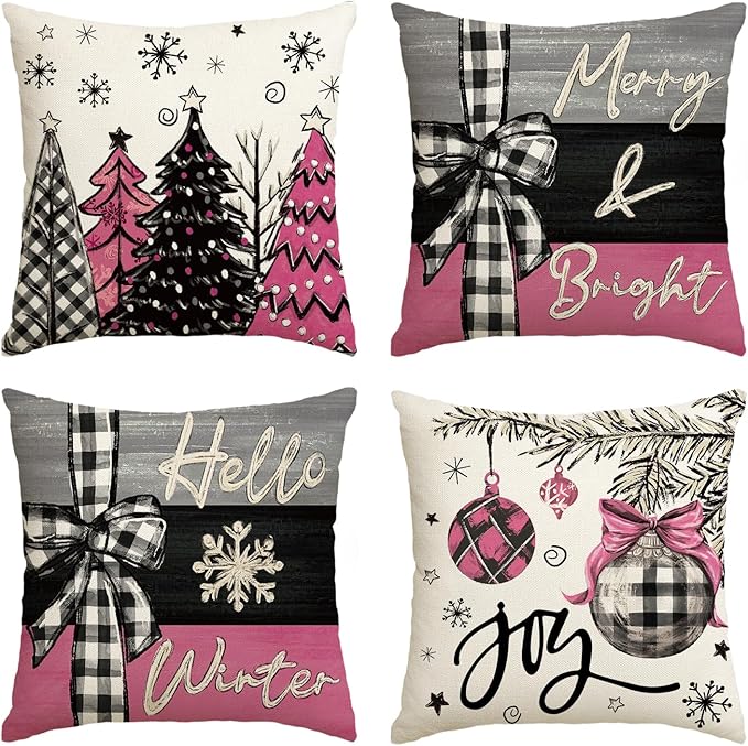 AVOIN colorlife Merry Christmas Joy Xmas Trees Pink Throw Pillow Covers, 18 x 18 Inch Christmas Winter Holiday Cushion Case Decoration for Sofa Couch Set of 4 AVOINcolorlife