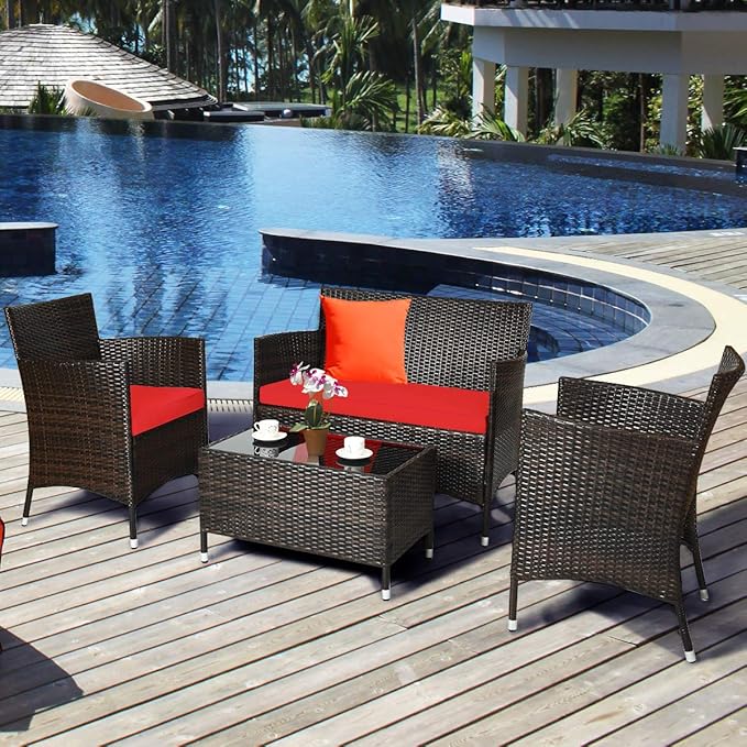 Goplus 4-Piece Rattan Patio Set, Outdoor/Indoor Wicker Conversation Set for Pool, Backyard, Lawn, Wicker Chairs and Sofa with Soft Cushion, Rattan Furniture with Tempered Glass Coffee Table - LeafyLoom