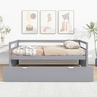 Twin Size Daybed with 2 Trundle,Multifunction Solid Wood Bed Frame,W/Wooden Slat Support,No Box Spring Needed,for Bedroom Apartment,Guest room,Gray - LeafyLoom