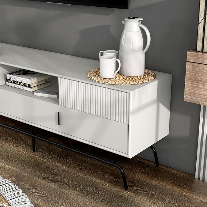 24/7 Shop at Home Quin Modern TV Stand with Storage Drawers, Media Console Cabinet, Entertainment Center for 65 inch Television, Unique Living Room Furniture, White Pure - LeafyLoom