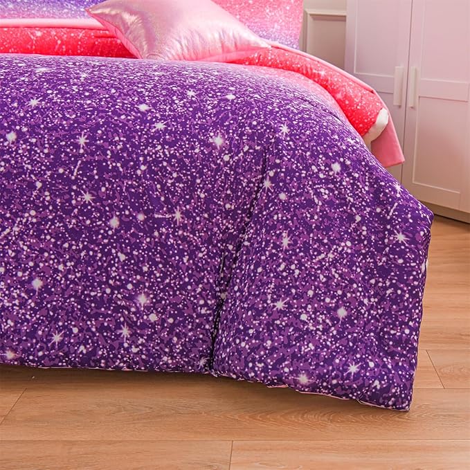 A Nice Night Girls Comforter Set Twin Size 6 Piece Bed in A Bag 3D Colorful Sparkle Galaxy Rainbow Bedding Comforter Sheet Sets for Kids,RedPurple - LeafyLoom