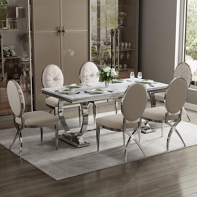 ACEDÉCOR Dining Chairs, White Velvet Dining Room Chairs with Silver Mirrored Legs, Glam White Kitchen Chairs for Dining Room, Kitchen, Living Room (Set of 8) - LeafyLoom