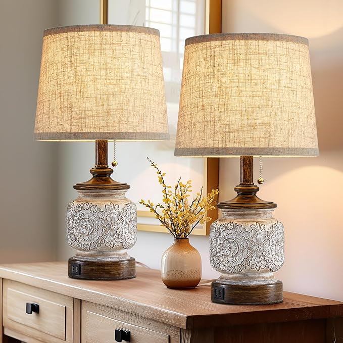 19.5" Farmhouse Bedside Table Lamps Set of 2 Rustic Lamps for Nightstand Bedroom with USB Ports Vintage Traditional White Carved Floral Night Light Lamps for Living Room End Tables Decor - LeafyLoom