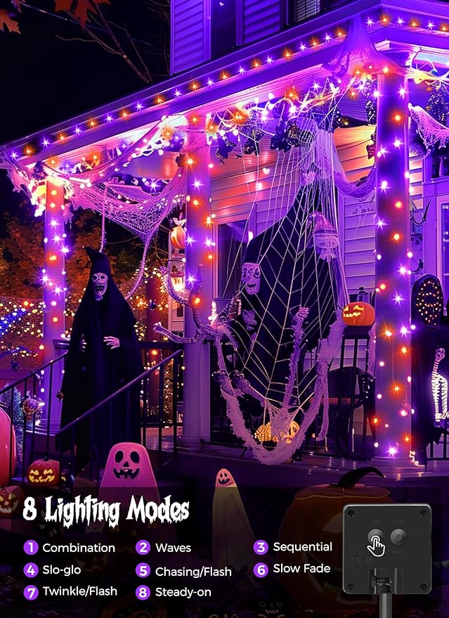 Minetom 2 Pack Solar Halloween Lights Outdoor, Total 80FT 200 LED Halloween String Lights with 8 Mode,Halloween Decoration Outdoor, Waterproof Solar String Lights for Outside Tree Yard,Orange & Purple Minetom