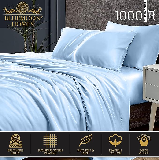 Bluemoon Homes 1000 Thread Count Queen Sheets - 100% Egyptian Cotton Sateen Bed Sheets Deep Pocket (18"), Cotton Sheets Queen Size Set, Cool Crisp and Durable Bed Linen (Sky Blue) - LeafyLoom