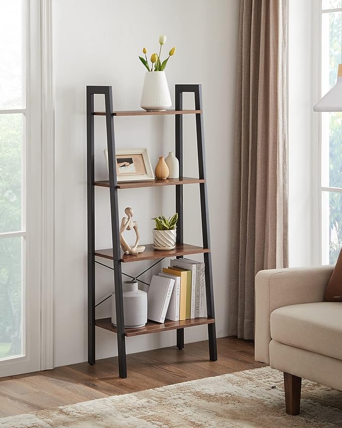 VASAGLE Ladder Shelf, 4-Tier Bookshelf, Storage Rack, Bookcase with Steel Frame, for Living Room, Home Office, Kitchen, Bedroom, Industrial Style, Hazelnut Brown and Black ULLS044B03 - LeafyLoom