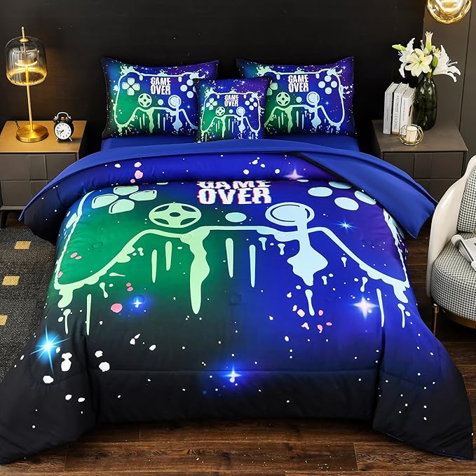 Gamer Console Blue Comforter Set with Sheets for Boys,Full Size Glitter Gaming Bedding Set for Kids,6 Pieces Colorful Graffiti Green Dark Game Controller Bed in a Bag for Teens (Green&Blue, Full) - LeafyLoom