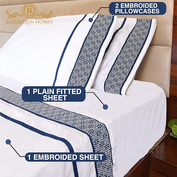 100% Egyptian Cotton Sheets Queen Size - 1000 Thread Count Sheets Queen Size Bed Sheet Set, Long Staple Bedding Sheets, Sateen Weave, Fits Upto 18" Mattress - Navy Blue Embroidered White Sheets - LeafyLoom