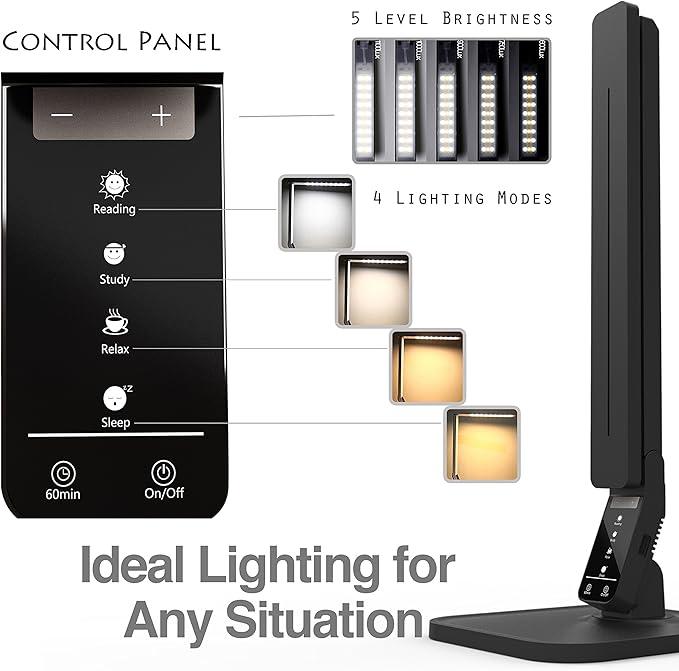 Dimmable LED Desk Lamp, 4 Lighting Modes (Reading/Studying/Relaxation/Bedtime), 5-Level Dimmer, Touch-Sensitive Control Panel, 1-Hour Auto Timer, 5V/1A USB Charging Port, Piano Black - LeafyLoom