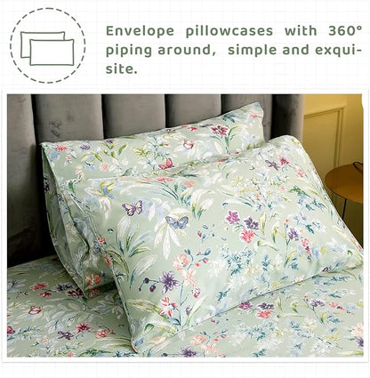 QSH 100% Egyptian Cotton Sheets Twin Size, Green Flower Bird Butterfly Pattern Botanical Luxury Printed Bedding Flower Twin Bed Sheets for Girl Kid Extra Soft 4pcs Deep Pocket Floral Bed Sheet - LeafyLoom