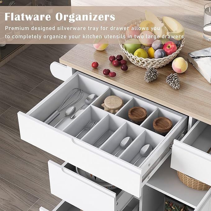 Kitchen Island with Storage, Rolling Table on Wheels w/Handle-Free Drawers Including a Flatware Organizer for Dinning Room, Rubber Wood Contertop - LeafyLoom