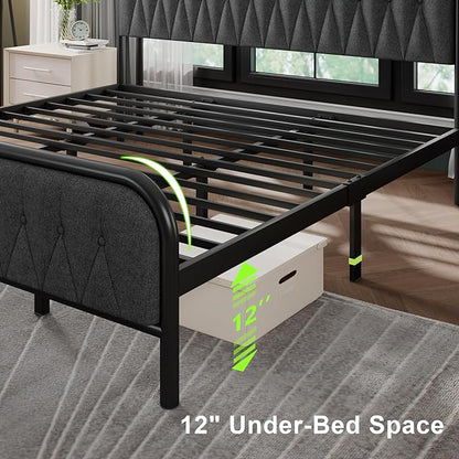 Feonase King Bed Frame with Type-C & USB Port, Metal Platform Beds, with Linen Upholstered Headboard & Footboard, 12" Underbed Storage Space, Easy Assembly, Noise-Free, Dark Gray - LeafyLoom