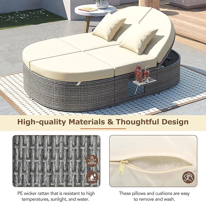 Outdoor DayBed Patio 2-Person Rattan Sun Bed Reclining Chaise Lounge with Adjustable Backrests, Foldable Cup Trays and Pillows, for Lawn,Poolside, Beige - LeafyLoom