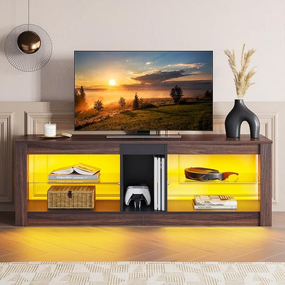 Bestier 55 Inch TV Stand with LED light, Adjustable Glass Shelves, 22 Dynamic RGB Colors, P2 Particle Board, for Entertainment Center, Living Room, Gaming Room, and Bedroom, Dark Walnut - LeafyLoom