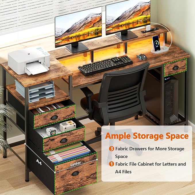 Furologee Computer Desk with Drawers, 60" Office Long Desk with Fabric File Cabinet and Power Outlets, Gaming Desk with LED Lights, Study Writing Work Desk for Home Office, Rustic Brown - LeafyLoom