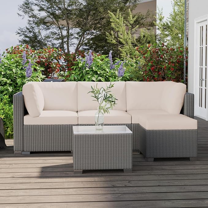 GAOMON 5-Piece Outdoor Patio Rattan Wicker Sofa Set, Pe Rattan Conversation Sectional with Thickened Back Cushion, Glass Tabletop, Ottoman - Ideal for Courtyard Space, Beige - LeafyLoom