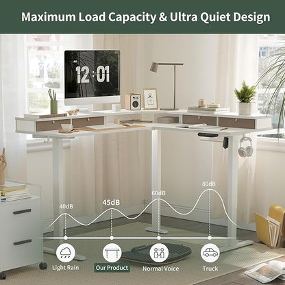 FEZIBO 63" L Shaped Standing Desk with 4 Drawers, Electric Standing Gaming Desk Adjustable Height, Corner Stand up Desk with Splice Board, White Frame/White Top - LeafyLoom