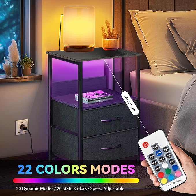 Nightstand with Charging Station, Bedside Table with Fabric Drawers, End Table with Open Shelf, Side Table with USB Ports & Outlets, Night Stand for Bedroom, Black - LeafyLoom