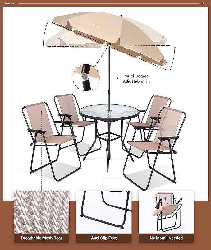 Nice C Outdoor Dining Sets, Patio Furniture Set, 8 Piece Set with Umbrella, Garden Outdoor Furniture Table Set with Tilted Removable Umbrella, Glass Table, and 6 Folding Chairs (Beige-6 Piece) - LeafyLoom