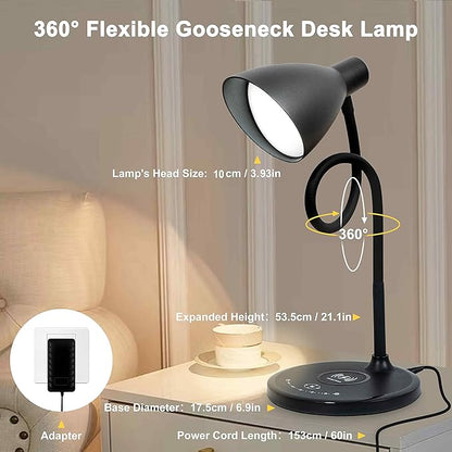 Desk Lamp with Wireless Charger, 12W 1000LM Touch Dimmable Reading Lamp with USB Charging Port, 5 Colors 6 Brightness Eye Care Bedside Table Lamp Gooseneck Desk Light for Home Office - LeafyLoom