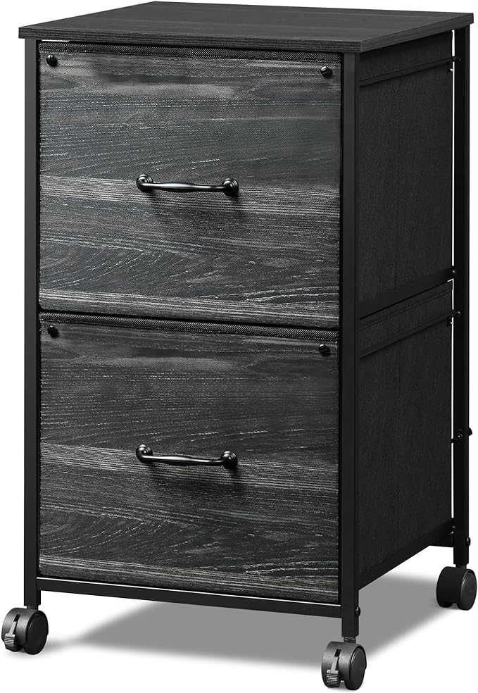 DEVAISE 2 Drawer Mobile File Cabinet, Rolling Printer Stand, Fabric Vertical Filing Cabinet fits A4 or Letter Size for Home Office, Charcoal Black Wood Grain Print - LeafyLoom