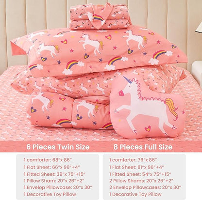 Mooreeke Twin Size Comforter Sets for Girls Kids, 6 Pieces Bed in a Bag Pink Unicorn Rainbow Bedding Comforter Sheet Set with Shams and Decorative Toy Pillow, Ultral Soft Microfiber Kids Bed Set - LeafyLoom