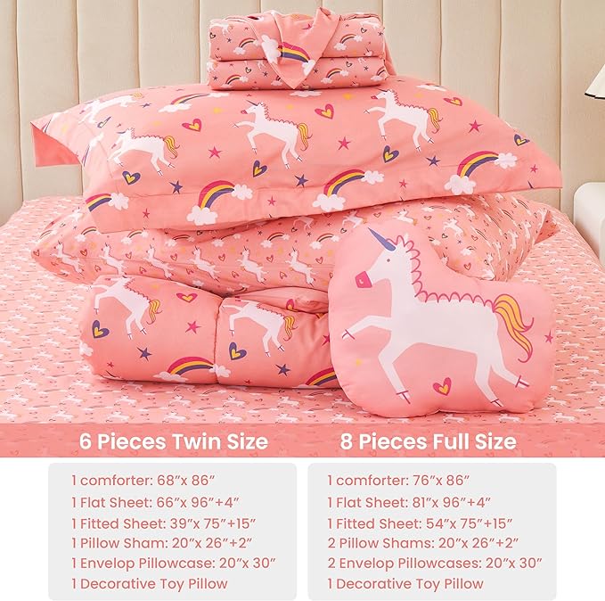 Mooreeke Full Size Comforter Sets for Girls Kids, 8 Pieces Bed in a Bag Pink Unicorn Rainbow Bedding Comforter Sheet Set with Shams and Decorative Toy Pillow, Ultral Soft Microfiber Kids Bed Set - LeafyLoom