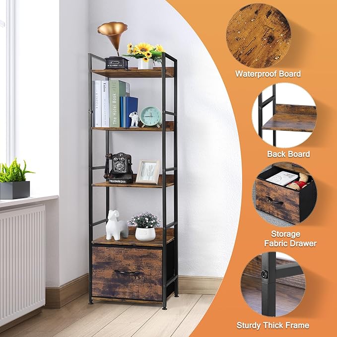 5 Tier Bookshelf with Storage, Bookcase with Drawers, Storage Shelves for Living Room / Home Office, Wood Shelves & Metal Shelf Organizer, Book Shelf for Bedroom, Tall & Ladder Bookshelf, Brown - LeafyLoom