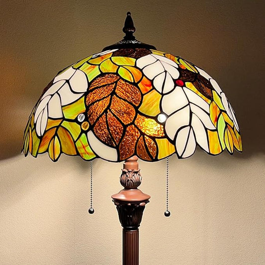 Handmade Tiffany Floor Lamp 16 inch Stained Glass Leaf Lampshade Standing Lamp for Home and Office Decoration, Perfect Floor Light for Living Room and Bedroom - LeafyLoom