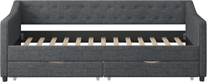 Twin Size Upholstered Daybed with 2 Drawers,Wood Sofa Bed Frame W/Button Tufted Backrest and Waved Shape Arms,Slats Support,Linen Fabric Day Bed,for Bedroom,Living Room,Apartment,Dark Gray - LeafyLoom