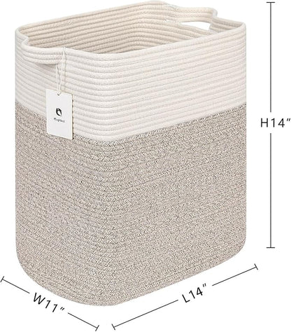 Toy Storage Baskets for Clothes Fabric Cotton Rope Storage Basket with Handles, Decorative Woven Basket for Living Room,Closet Organizer Blankets, and Toys (White Brown 2bags) - LeafyLoom