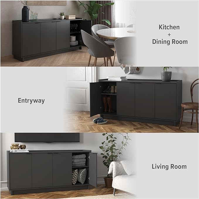 Prepac Simply Modern 4 Console Table Doors and Shelves, Sideboard Storage Cabinet, 60" W x 30" H x 16" D, Black - LeafyLoom