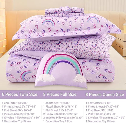 Mooreeke Twin Size Comforter Sets for Girls Kids, 6 Pieces Bed in a Bag Purple Love Rainbow Bedding Comforter Sheet Set with Shams and Decorative Toy Pillow, Ultral Soft Microfiber Kids Bed Set - LeafyLoom