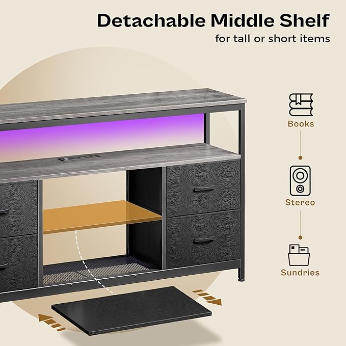 TV Stand Dresser with Power Outlets and LED Lights, 4 Drawers Entertainment Center with Shelves, 54in Media Console for 55 60 Inch TV, Dresser with PU Finish, Grey and Black - LeafyLoom