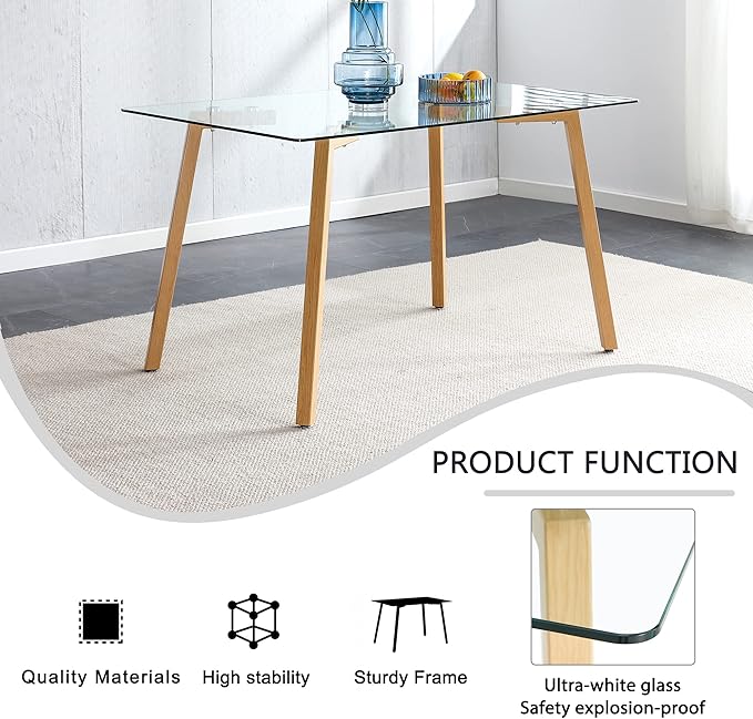 NicBex Glass Dining Table Modern Minimalist Rectangle Suitable for 4-6 People Equipped with 0.31 "Tempered Glass Tabletop and Metal Legs Writing Desk for Kitchen Dining Room, Transparent - LeafyLoom