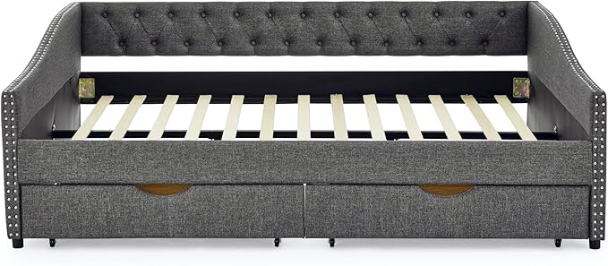 RITSU Queen Size Mid-Century Daybed, 2 Storage Drawers,Linen Button Upholstered Tufted Sofa Bed, Copper Nail on Waved Shape Arms, No Box Spring Needed,for Bedroom, Livingroom, Dark Grey, 84.50 - LeafyLoom