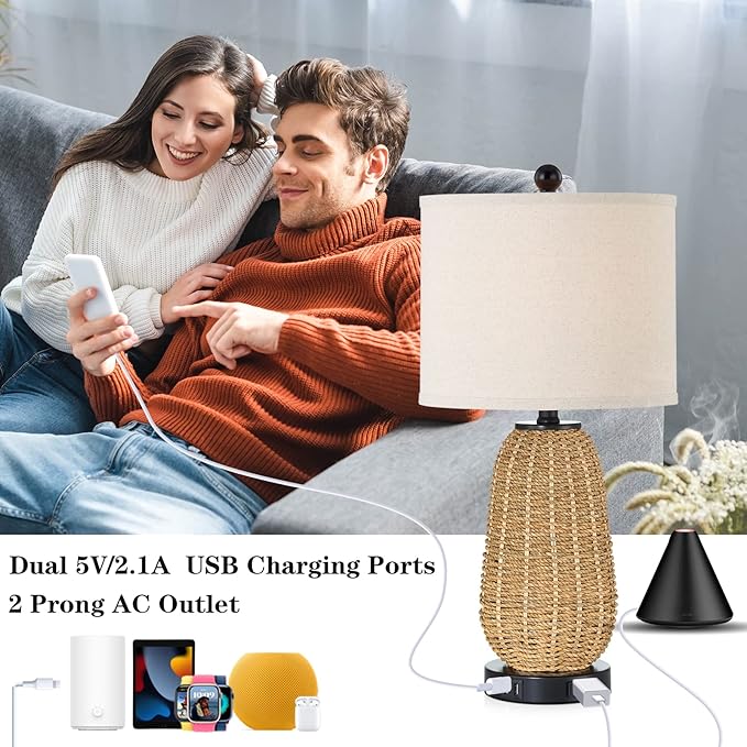 Touch Control Rattan Table Lamps, 3 Way Dimmable Bedside Lamps for Bedroom Set of 2 with 2 USB Ports and AC Outlet, Grass Rope Nightstand Lamps for Living Room Office (2 LED Bulbs Included) - LeafyLoom