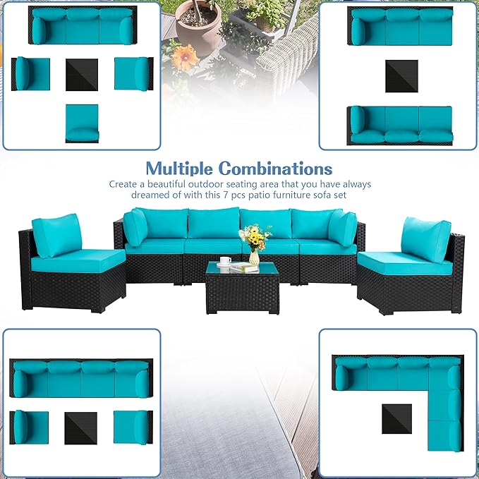 Shintenchi 7 Pieces Outdoor Patio Sectional Sofa Couch, Black PE Wicker Furniture Conversation Sets with Washable Cushions & Glass Coffee Table for Garden, Poolside, Backyard (Blue) - LeafyLoom