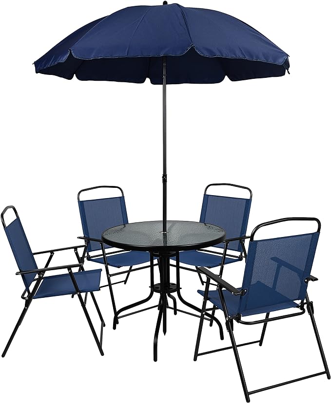 Flash Furniture Nantucket 6-Piece Patio Dining Set with Glass Table, 4 Folding Chairs, and Umbrella, Outdoor Patio Table, Chairs, Umbrella Set, Navy - LeafyLoom