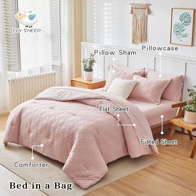 6 Pieces Tufted Bed in a Bag Twin Comforter Set with Sheets Blush, Soft and Embroidery Shabby Chic Boho Bohemian, Luxury Solid Color with Diamond Pattern, Jacquard Tufts Bedding Set for Kids Girls - LeafyLoom