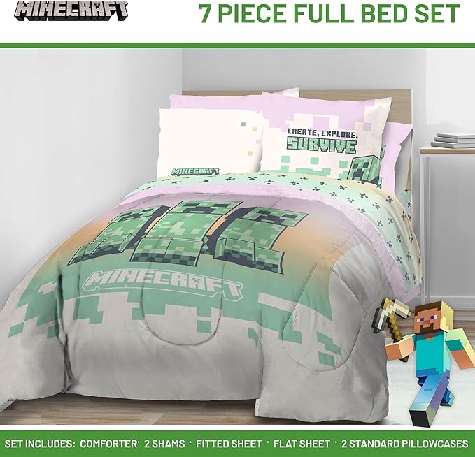 Minecraft Creeper Full Comforter Set - 7 Piece Bedding includes Sheet Set & Pillow Covers - Super Soft Pink & Green Kids Bedding - LeafyLoom