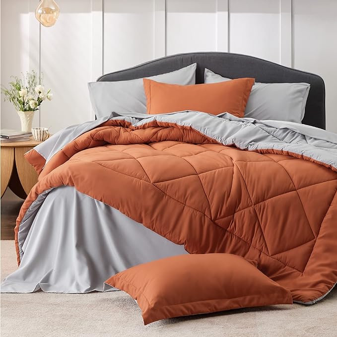 Bedsure Burnt Orange Twin XL Comforter Set - 5 Pieces Reversible Twin XL Bed in a Bag Twin XL Bed Set with Comforters, Sheets, Pillowcase & Sham, Twin XL Bedding Sets - LeafyLoom