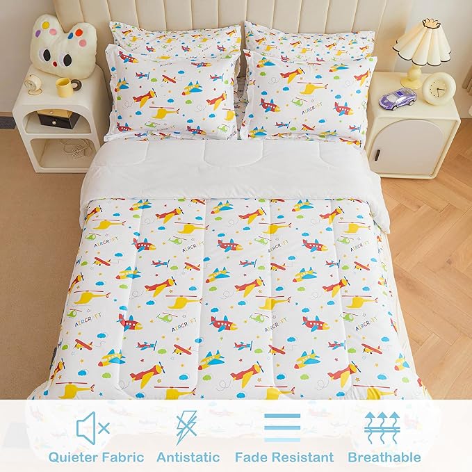 Mooreeke Bed in a Bag for Kids Boys Teens, 7 Pieces Full Size Aircraft Print Comforter Bed Set with Shams, Sheet Set, Airplane White Super Soft Microfiber Kids Comforter Bedding Set - LeafyLoom