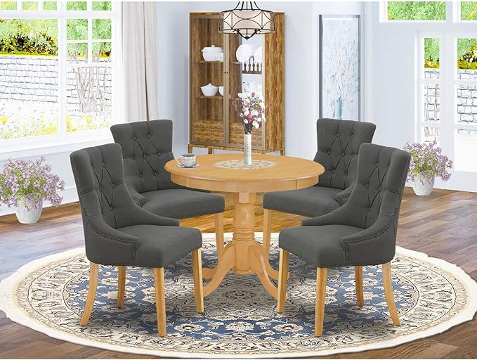 East West Furniture Antique 5 Piece Dinette Set for 4 Includes a Round Kitchen Table with Pedestal and 4 Dark Gotham Linen Fabric Upholstered Parson Chairs, 36x36 Inch, Oak - LeafyLoom