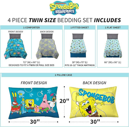 Franco Kids Bedding Super Soft Comforter and Sheet Set, 4 Piece Twin Size, Spongebob - LeafyLoom