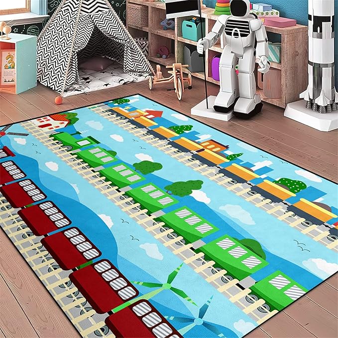 Train Rug Car Rug Play Mat Truck Rugs for Boys Room Kids Car Rug Truck Car Rug Car Carpet for Kids Kids Rugs for Playroom Car Rug for Boys Room,Light Blue 3'×4' - LeafyLoom