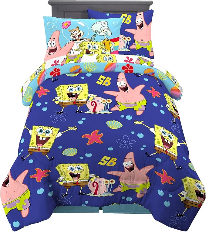 Franco Kids Bedding Super Soft Comforter and Sheet Set with Sham, 5 Piece Twin Size, Spongebob Squarepants - LeafyLoom