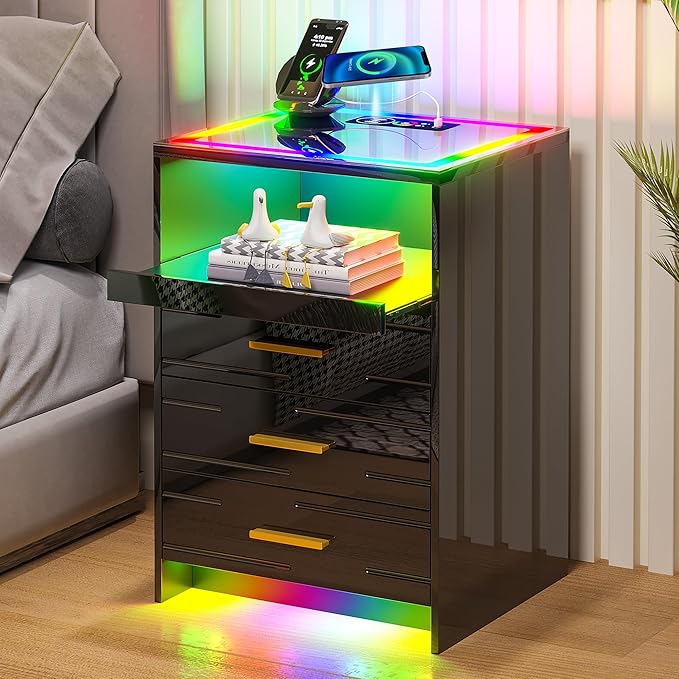 HNEBC High Gloss Nightstand with Wireless Charging Station, Smart Night Stand with RGB Dynamic Lighting, Modern Bed Side Table with Drawers Sliding Tray, Glass Tabletop,Motion Sensor Lights (C Black) - LeafyLoom