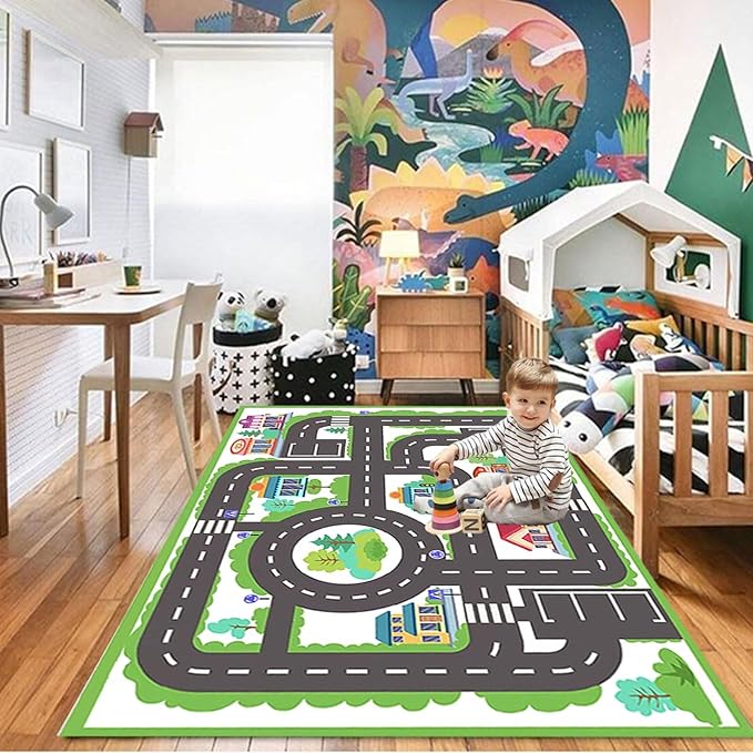 kid rug carpet playmat for toy cars and trains,road traffic kids play area rug,city Life town play Mat for Playroom Bedroom Boys,Children's Educational Fun Throw Rug with Rubber Backing 55X79IN - LeafyLoom