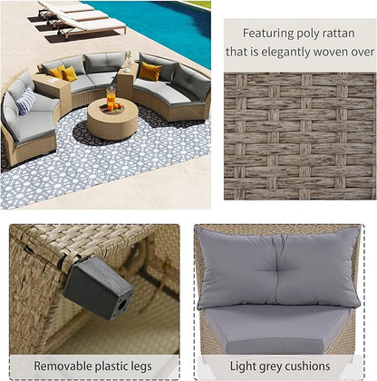 Outdoor 9 Pieces Patio Furniture Half Moon Wicker Sofa Sets, Fan-Shaped Curved Sectional Couch with Coffee Table and Gray Cushions, 1, Brown Rattan - LeafyLoom